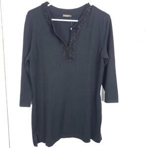 J McLaughlin Top Womens Large Julie Jeweled Beaded Y Neck New 3/4 Sleeves